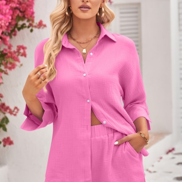 Textured Shirt and Elastic Waist Shorts - Pink - Picture 5 of 7